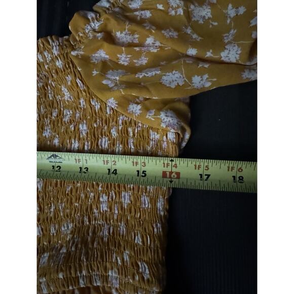 Gold Floral Flutter Sleeve Milkmaid Smocked Midi Dress Whimsical L - Picture 5 of 10